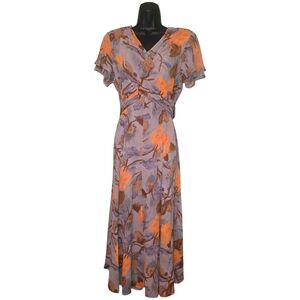 J Peterman Silk Wrap Dress Floral Midi Belted Gray Orange Women Sz 10